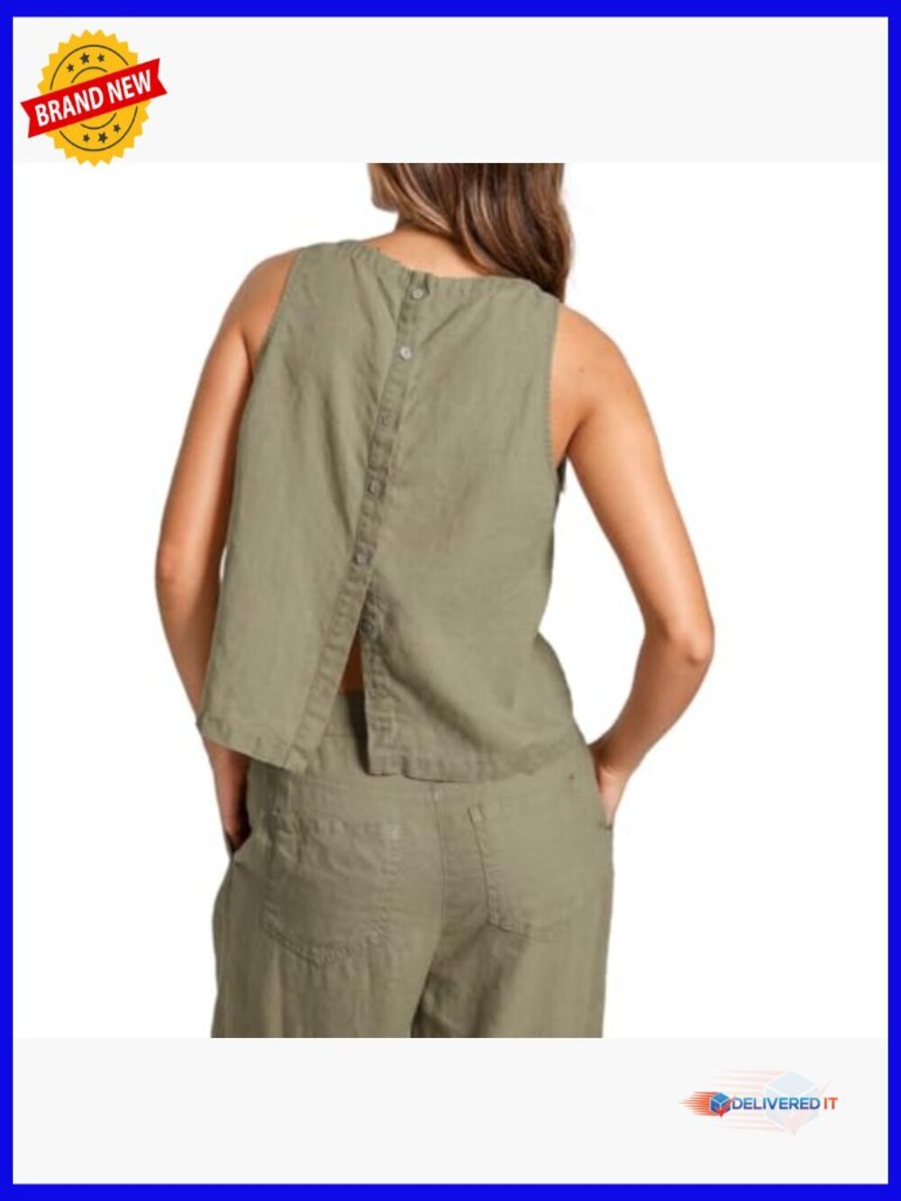 100% Linen Sleeveless Tank Top with Back Button Closure - Picture 2 of 7